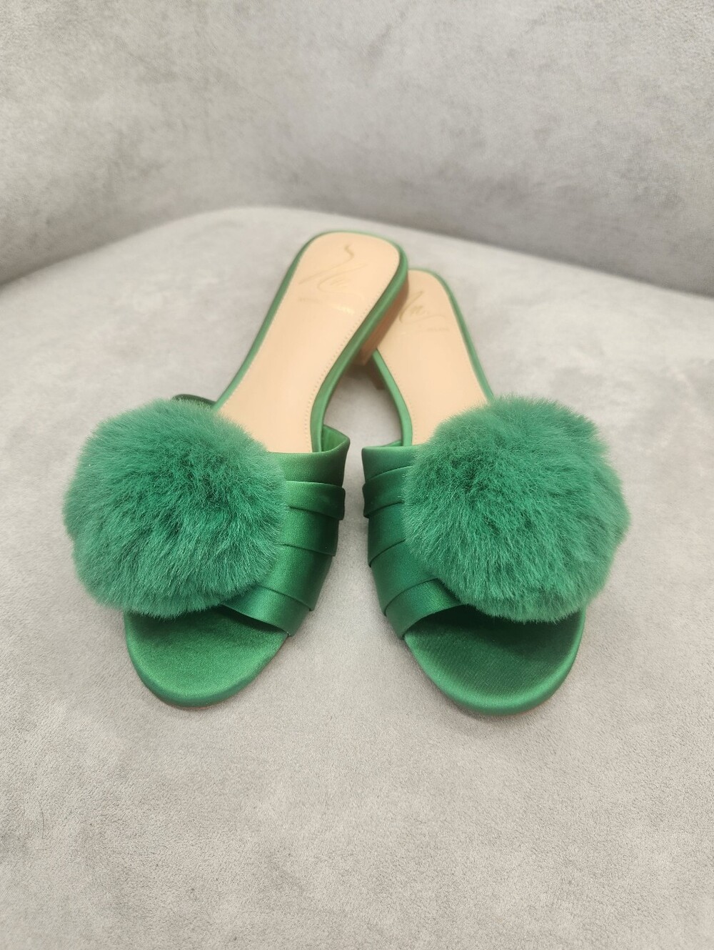 Antonio Melani The Nat Note Dress Slides 8 Green Satin Olga Pom Pom New $170